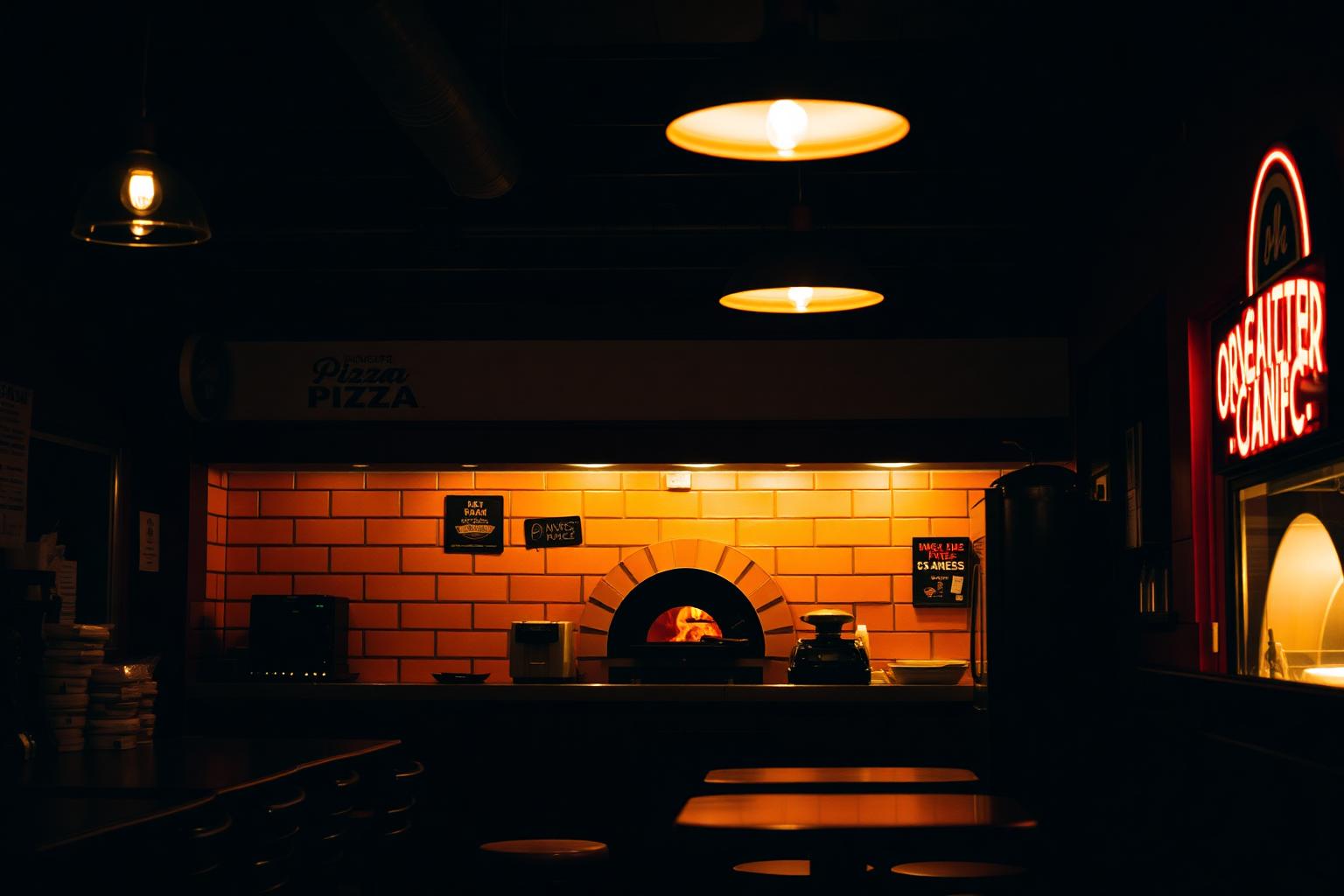 Comptoir d'une pizzeria avec son four à bois allumé
